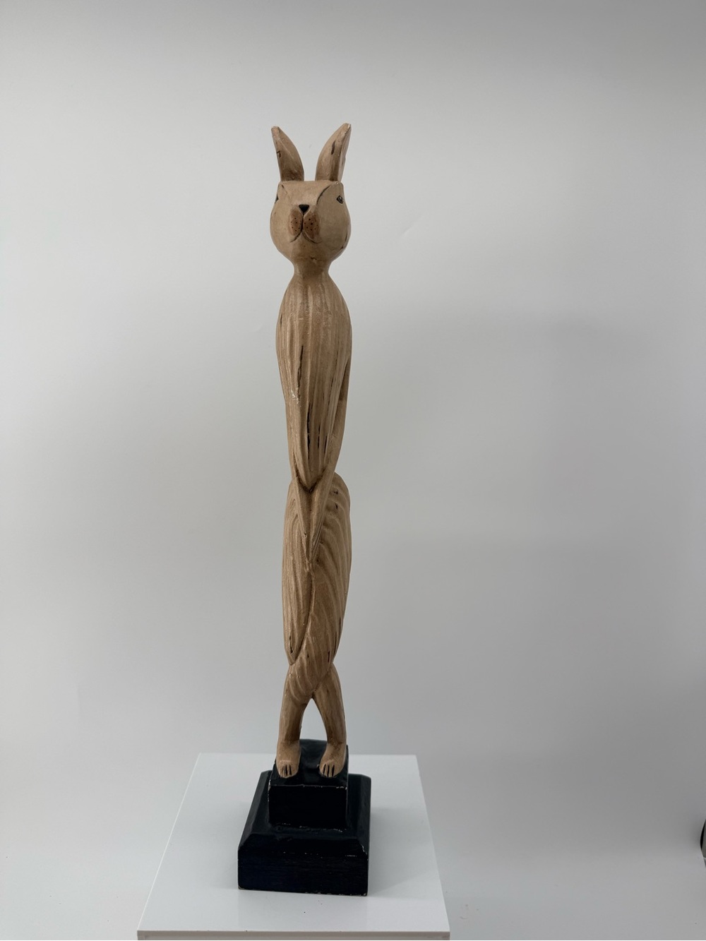 Hand-Carved Wood Rabbit Sculpture in Natural Brown on Black Base